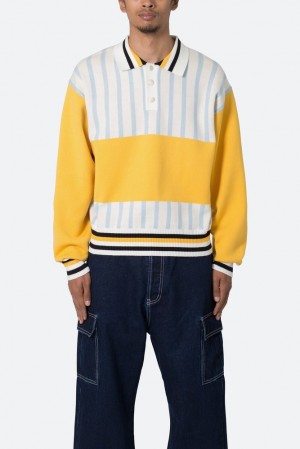 Mnml Knit Stripe L/S Polo Shirts Blue/Yellow | UP76-V1XK