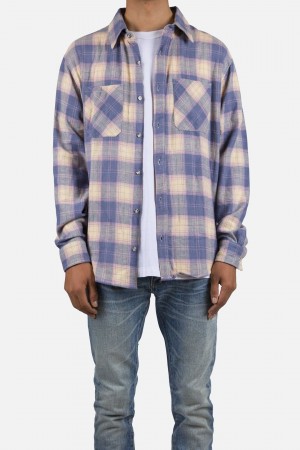 Mnml Metal Button Flannel Shirts Blue/Yellow | VP51-H2FG