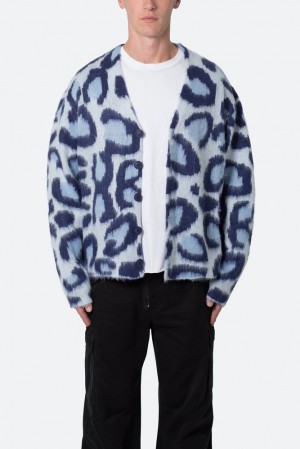 Mnml Mohair Leopard Cardigan Sweater Sweatshirts Blue | NU20-P3RU