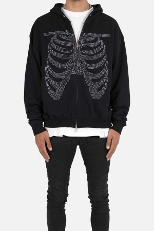 Mnml Rhinestone Skeleton Zip Up Hoodie Sweatshirts Black | QI92-G2OI