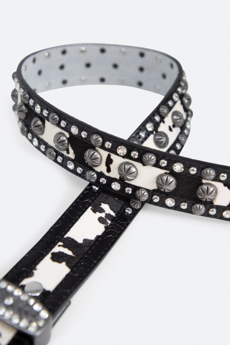 Mnml Cow Print Studded Belt Belts Black | UG81-B2RX