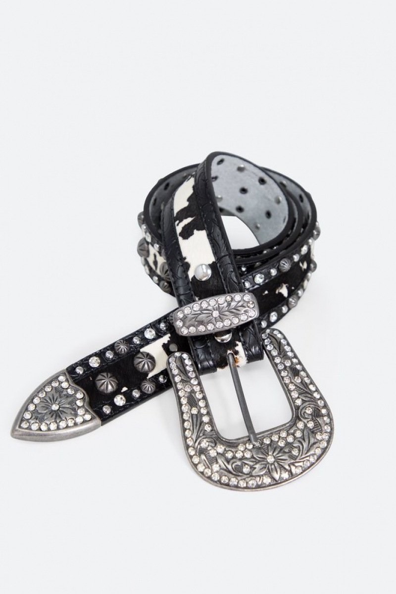 Mnml Cow Print Studded Belt Belts Black | UG81-B2RX