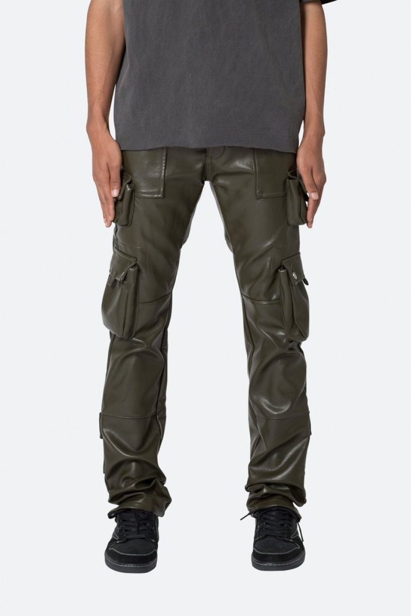 Mnml D152 Leather Cargo Pants Straight Denim Olive | FY74-O7LQ