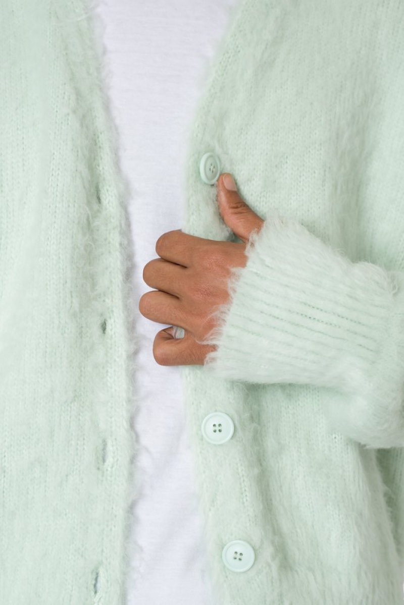 Mnml Fuzzy Cardigan Sweater Sweatshirts Mint | ZW50-N2FY