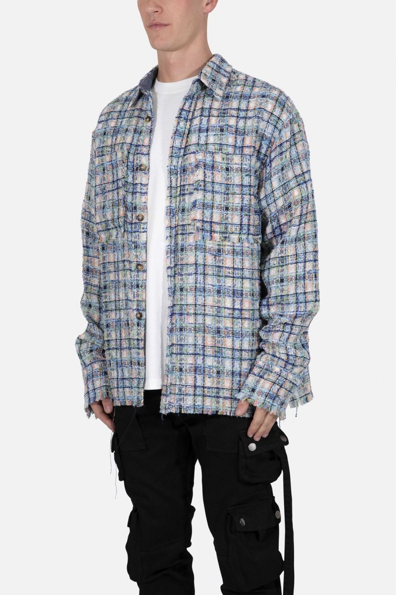 Mnml Heavyweight Raw Edge Flannel Shirts Blue/White | HA23-N2LG