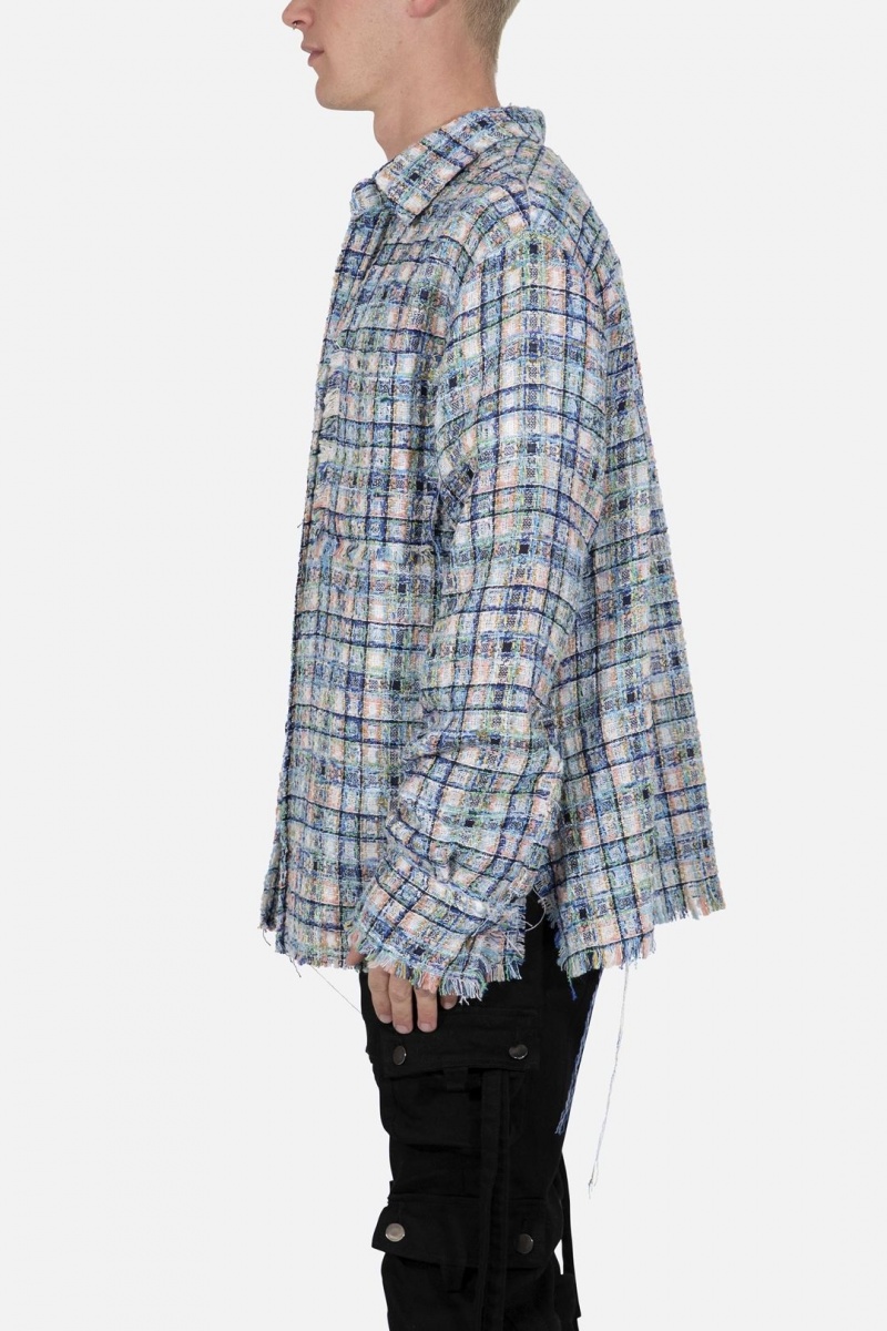 Mnml Heavyweight Raw Edge Flannel Shirts Blue/White | HA23-N2LG