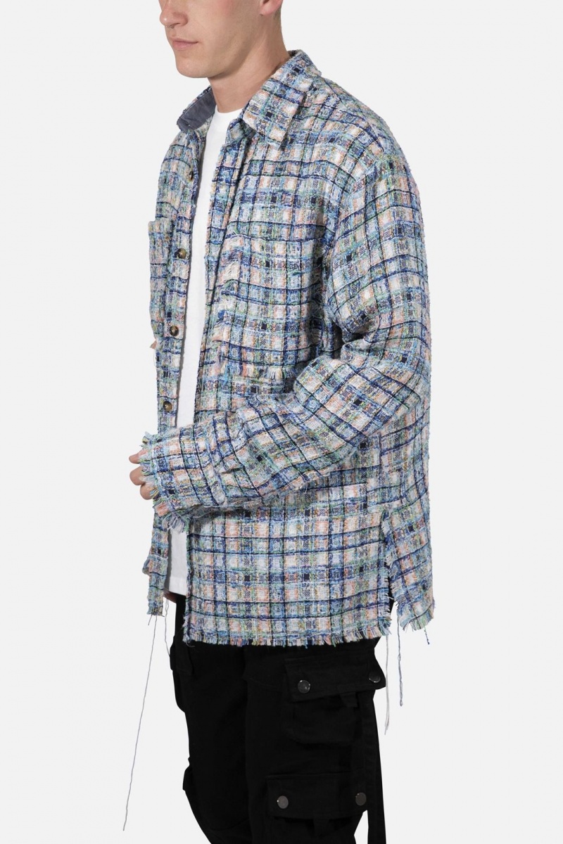 Mnml Heavyweight Raw Edge Flannel Shirts Blue/White | HA23-N2LG