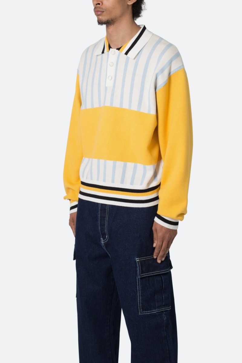 Mnml Knit Stripe L/S Polo Shirts Blue/Yellow | UP76-V1XK