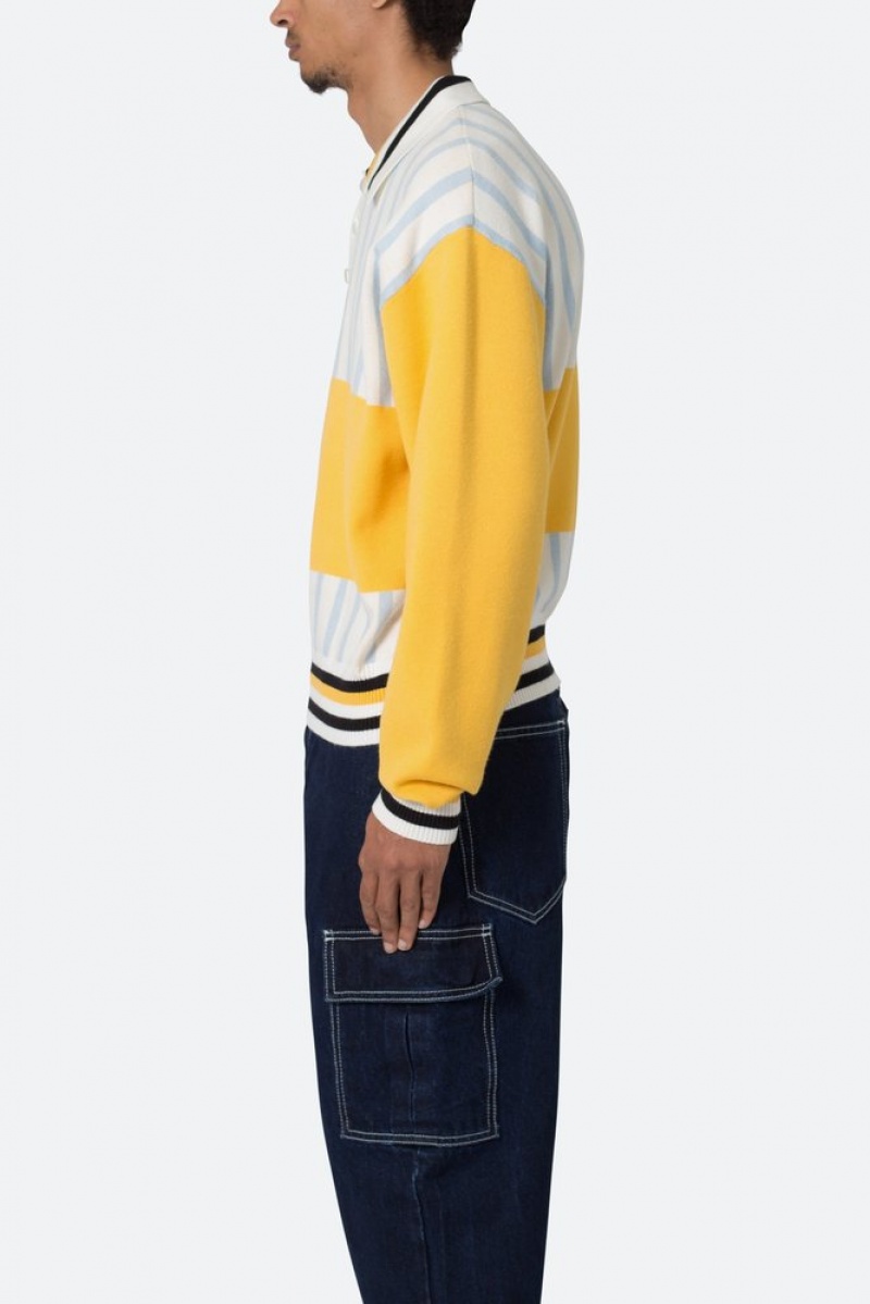 Mnml Knit Stripe L/S Polo Shirts Blue/Yellow | UP76-V1XK