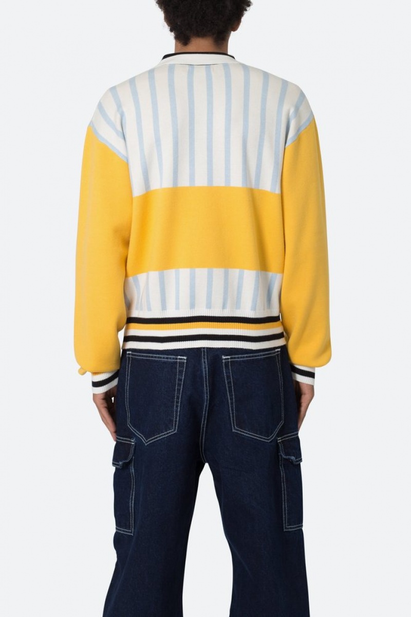 Mnml Knit Stripe L/S Polo Shirts Blue/Yellow | UP76-V1XK