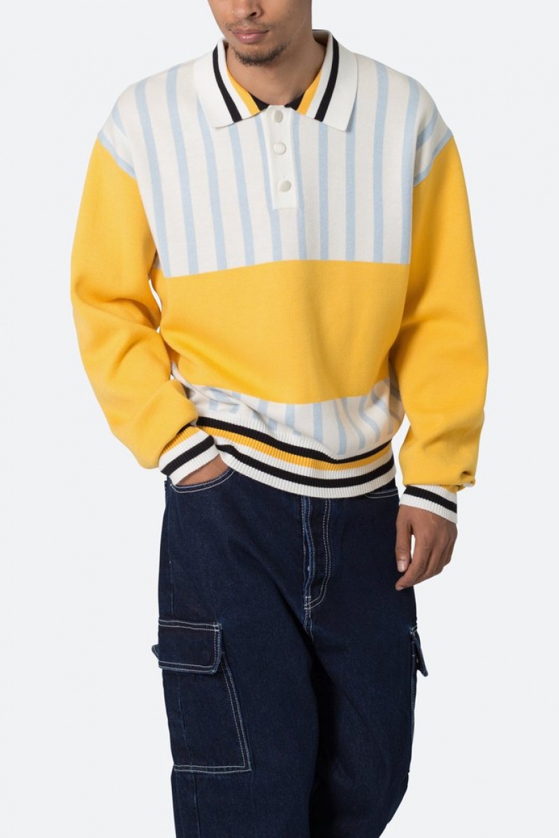 Mnml Knit Stripe L/S Polo Shirts Blue/Yellow | UP76-V1XK