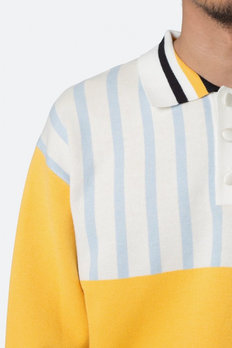 Mnml Knit Stripe L/S Polo Shirts Blue/Yellow | UP76-V1XK