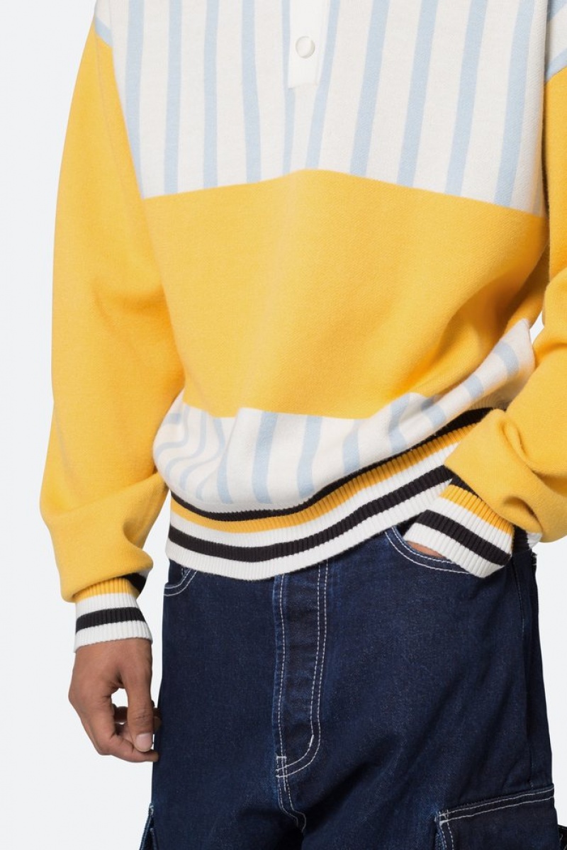 Mnml Knit Stripe L/S Polo Shirts Blue/Yellow | UP76-V1XK