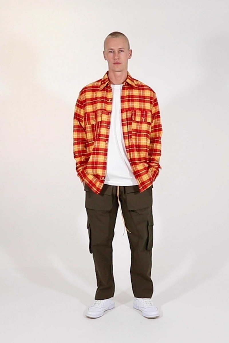 Mnml Relaxed Cargo Flannel Shirt Shirts Yellow/Red | MR44-O9ZA