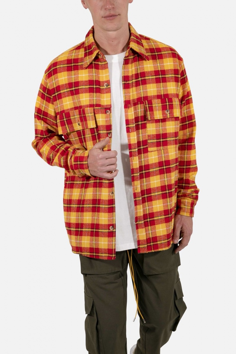 Mnml Relaxed Cargo Flannel Shirt Shirts Yellow/Red | MR44-O9ZA